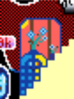 An image of blue squares and blue flowers.